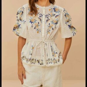 FARM Rio Mystic Blue Lotus Off-White Blouse with Blue and Gold Floral print.
